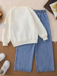 SHEIN 2件套青少年女孩针织纯色碎花圆领休闲运动衫和牛仔裤套装 - 彩色 - 查看 2