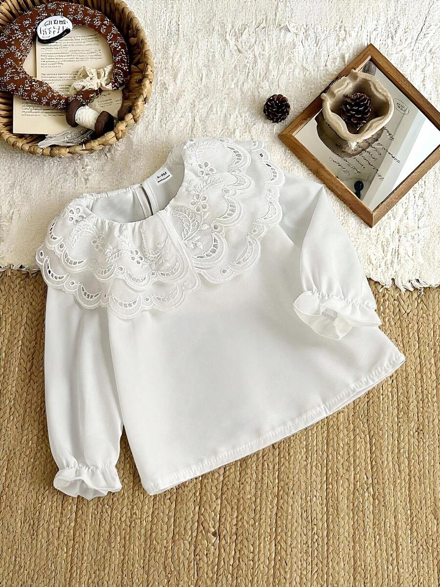 SHEIN 女婴优雅蕾丝刺绣双层彼得潘领长袖休闲公主衬衫，适合度假、旅行、派对、生日礼物、春秋、日常装扮，必备单品 - 白色 - 查看 1