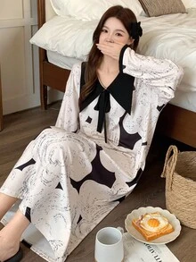 DAZY ثوب نوم نسائي فضفاض طويل مطبوع بالكامل بألوان متباينة، ذو ياقة كبيرة، للشتاء - كاكي - مشاهدة 1