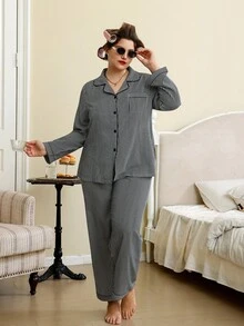 Doze Lane Bộ đồ ngủ áo sơ mi sọc Dream Adore kèm quần dài, cỡ lớn, trang phục thu đông, trang phục ấm áp - Đen và trắng - Xem 2