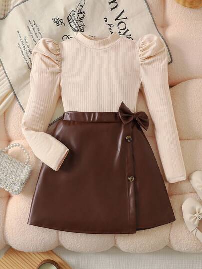 SHEIN Tween Girl Mock Neck Puff Sleeve Snug Fit T-Shirt Paired With PU Button Bow Skirt