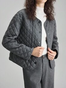 Ontre 2025新款，羊毛混纺女士绗缝外套，灰色，绗缝，宽松圆领，商务休闲，通勤，日常穿着，秋冬季，万圣节，圣诞节，情人节，感恩节，长袖，女士，百搭绗缝外套