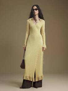 Ontre 2025 Elegante estilo minimalista, crema amarillento, suave tela de punto floral, volante en el bajo, ajuste de cintura ceñida, diseño envolvente, vestido de punto para mujer, con cuello, casual de negocios, para ir a la oficina, uso diario, otoño/invierno, mezcla de punto - Amarillo - Ver 2