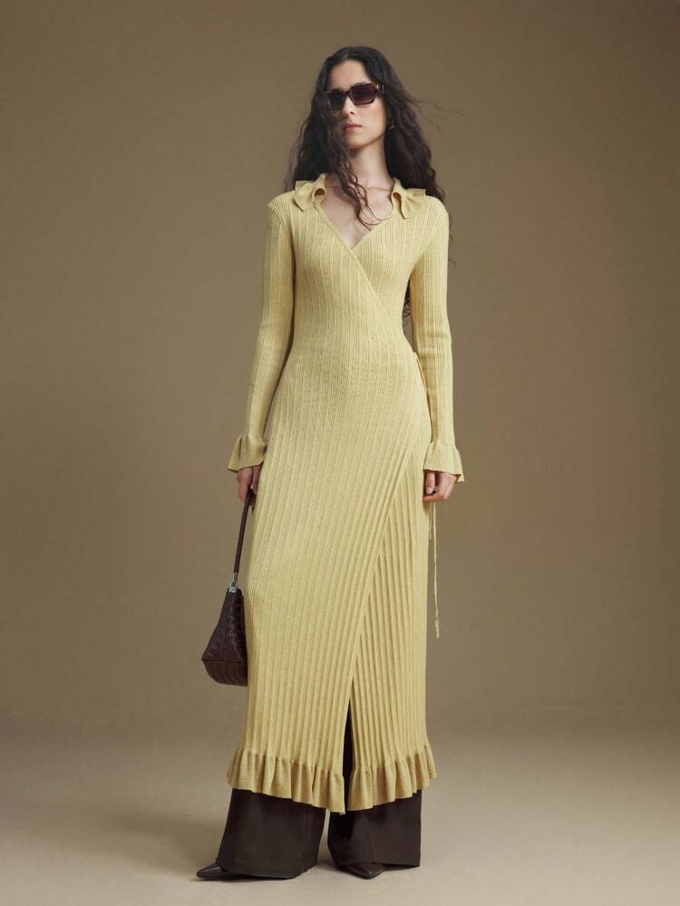 Women's Elegant Mustard Yellow Autumn Sweater Dress,Collared Wrap Design,Soft Floral Knit Fabric,Ruffle Hem,Cinched Waist,Business Casual Brunch Wear