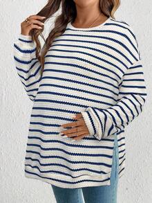 SHEIN Maternity Round Neck Drop Shoulder Striped Casual Split Hem Fashionable Sweatshirt