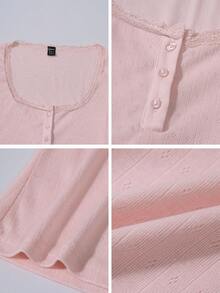 Zielony Women's Sweet Lace Trim Short Sleeve T-Shirt, Slim Fit, 3-Button Closure, Casual Summer Top - Baby Pink - View 7