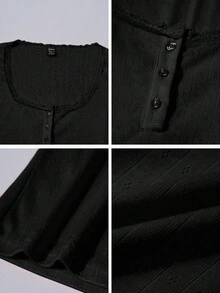 Zielony Áo thun tay ngắn ôm vừa vặn viền ren ngọt ngào dành cho nữ, cài 3 nút, áo thường ngày, mùa hè - màu đen - Xem 9