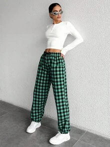 SHEIN Cottnline Women Gingham Print Drawstring Waist Long Pants - Green - View 5