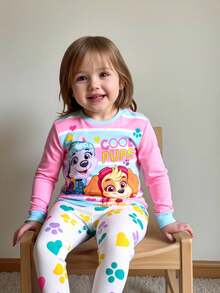 SHEIN | PAW Patrol 2pcs/Set Young Girl Cute Cartoon Puppy Pattern Round Neck Raglan Long Sleeve Top And Leggings Knit Comfortable Stretchy Pajama Set