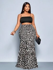 SOLERSUN 大码秋春新款特殊工艺高弹力褶皱荷叶边豹纹蛋糕连衣裙通勤休闲性感中长半长裙适合约会晚宴酒会时尚女装 - 卡其色 - 查看 5