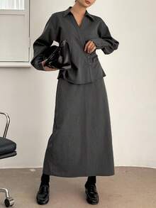 DAZY Solid Button Front Shirt & Split Hem Skirt Lounge Sets For Women - Dark Grey - View 3