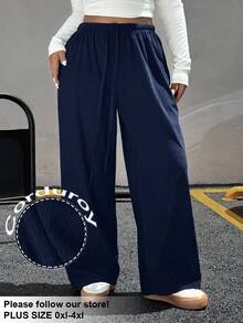 SHEIN EZwear Plus Size Women Solid Color Drawstring Waist Wide Leg Loose Casual Pants, Autumn/Winter - Navy Blue - View 1