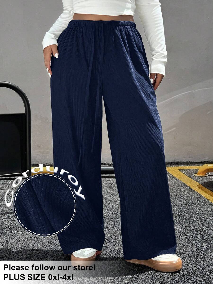 SHEIN EZwear Plus Size Women Solid Color Drawstring Waist Wide Leg Loose Casual Pants, Autumn/Winter - Navy Blue - View 1