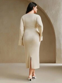 Anewsta Vestido de Suéter de Manga Longa com Bordado Floral 3D Plus Size, Silhueta Elegante e Ajustada - Damasco - Visão 7