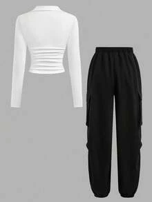 SHEIN Girlism 少女纯色宽松休闲紧身工装裤和翻领T恤套装 - 黑與白 - 查看 2