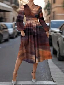 SHEIN Clasi 棕色渐变印花女士长裙，适合秋冬季日常穿着 - 彩色 - 查看 4