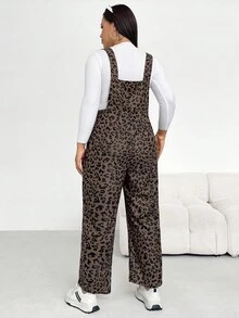 SHEIN Essnce Plus Size Women's Autumn And Winter Fashion Casual Loose Comfortable Daily Corduroy Brown Leopard Overalls,Women Bottom,Fall Outfits,Leopard Jumpsuit