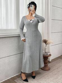 Modelyn Vestido elegante de encaje y parches para talla grande, ideal para el trabajo - Gris Claro - Ver 5