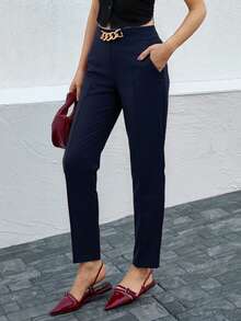 RueChic Chain Detail Cropped Suit Pants - Navy Blue - View 3