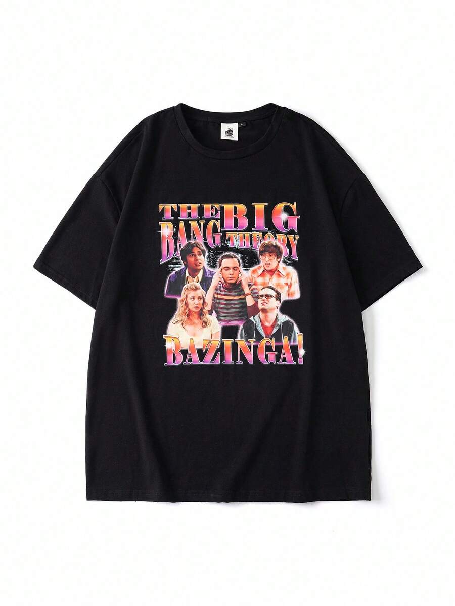 THE BIG BANG THEORY X SHEIN T-shirt ample décontracté pour femmes avec épaules tombantes et impressions de personnages et de lettres pour l'été