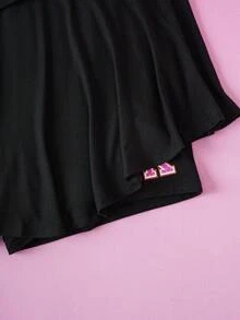 HELLO KITTY AND FRIENDS | SHEIN Women's Letter & Cartoon Graphic Contrast Trim Short Sleeve Top And Skirt Pants 2 Piece Set, Black - Black - View 6