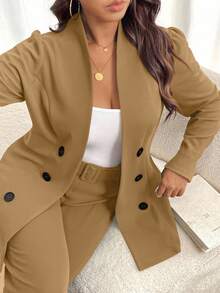 Elenzga 大码时尚商务双排扣西装套装（夹克和裤子） - 卡其色 - 查看 6