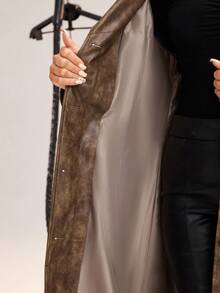 SHEIN Unity Damen Herbst Kragen Langarm Batik PU Leder Lang Trenchcoat