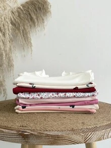 SHEIN 3 件套女婴可爱印花罗纹面料荷叶边下摆长袖套装，秋冬 - 彩色 - 查看 6