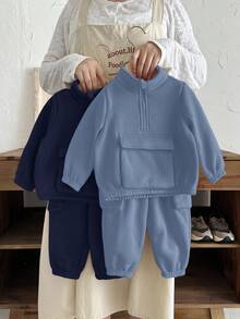 SHEIN 4pcs Baby Boys Casual Solid Color Thermal Lined Crew Neck Sweatshirt And Sweatpants Tracksuit Set, Warm For Autumn/Winter - Multicolor - View 7