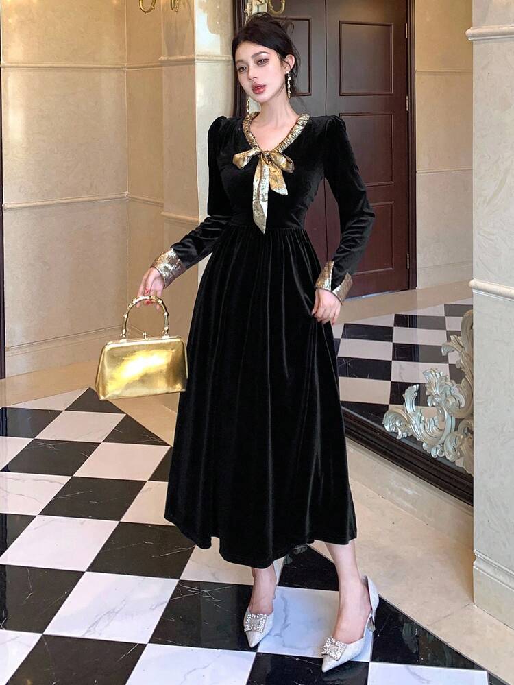 Women's Long Velvet Dress With Ribbon Tie, French Style Evening Gown Prom Dress Elegant Women Dress