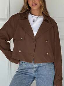 SHEIN EZwear 女式休闲纯色双排扣短款夹克，秋季 - 鏽棕色 - 查看 4