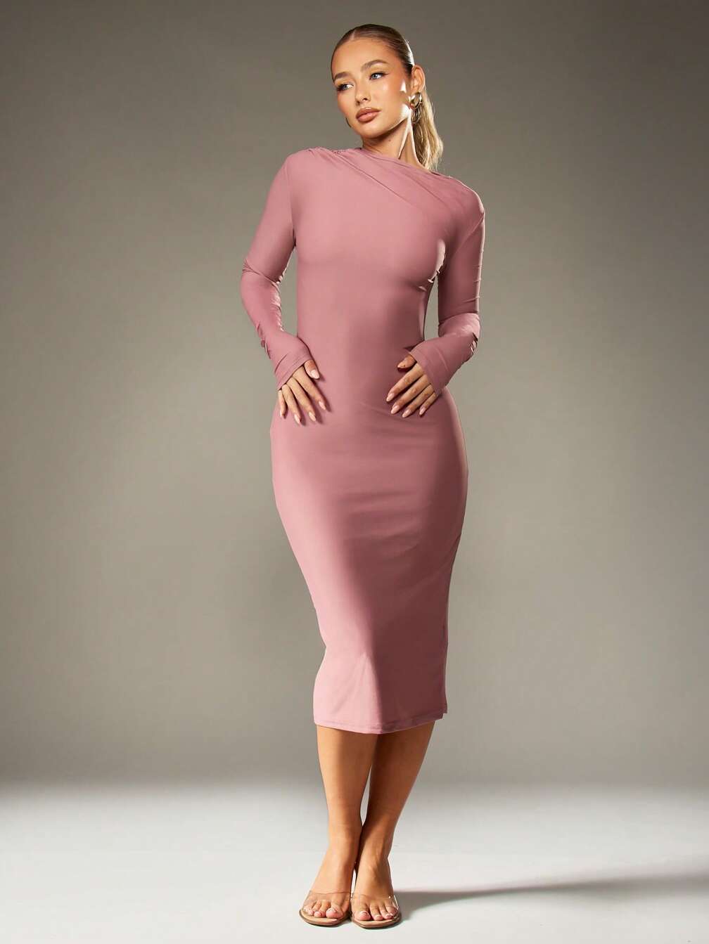 missguided pink long sleeve dress MISSGUIDED Draped Bodycon Midi Dress With Long Sleeves｜MISSGUIDED