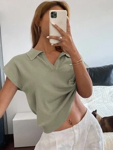 Livesso Women's Solid Color Fitted Knit POLO Collar Top, Casual For Commute, Spring/Summer - Mint Green - View 3