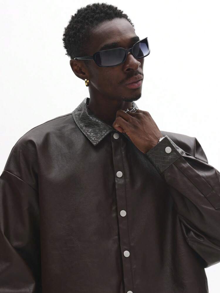 Faux Leather Button Down Jacket With Textured Collar
