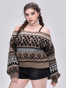 ROMWE Kawaii Plus Size Avant Vintage Geometric Abstract Fair Isle Pattern Fuzzy Plus Size Off-Shoulder Sweater, Retro Street Style Loose Fit Fair Isle Knit Pullover For Autumn/Winter, Plus Size Casual Fashion Women Clothing, Y2K Vintage Inspired Plus Size Women Sweater With Fair Isle Pattern For Holiday Party, Christmas Party, Elegant Plus Size Ladies Knitwear - Multicolor - View 7