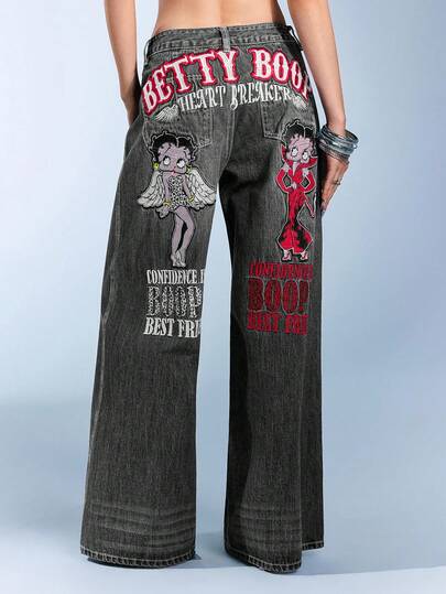 Betty Boop | ROMWE Calça Jeans Soltos com Figura Gráfica de Anjo Demônio Estilo Retrô Y2K Streetwear
