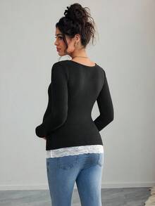 Momance Camiseta de maternidad de punto acanalado con parches y contraste de color con encaje