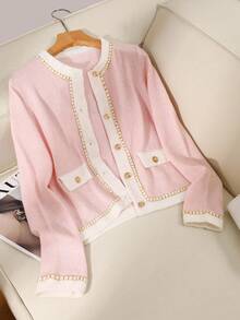 SHEIN Tall Elegante cárdigan redondo de cuello suave y esponjoso con bloques de color y delicado ribete de encaje, adecuado para mujeres altas en primavera/otoño - Rosa - Ver 4