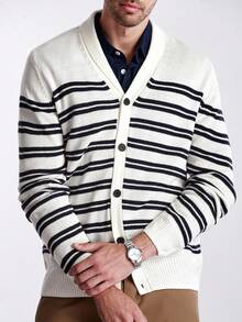 Manfinity CityGents Men's V-Neck Front Button Striped Print Long Sleeve Cardigan Parka, For Fall Winter - White - View 5