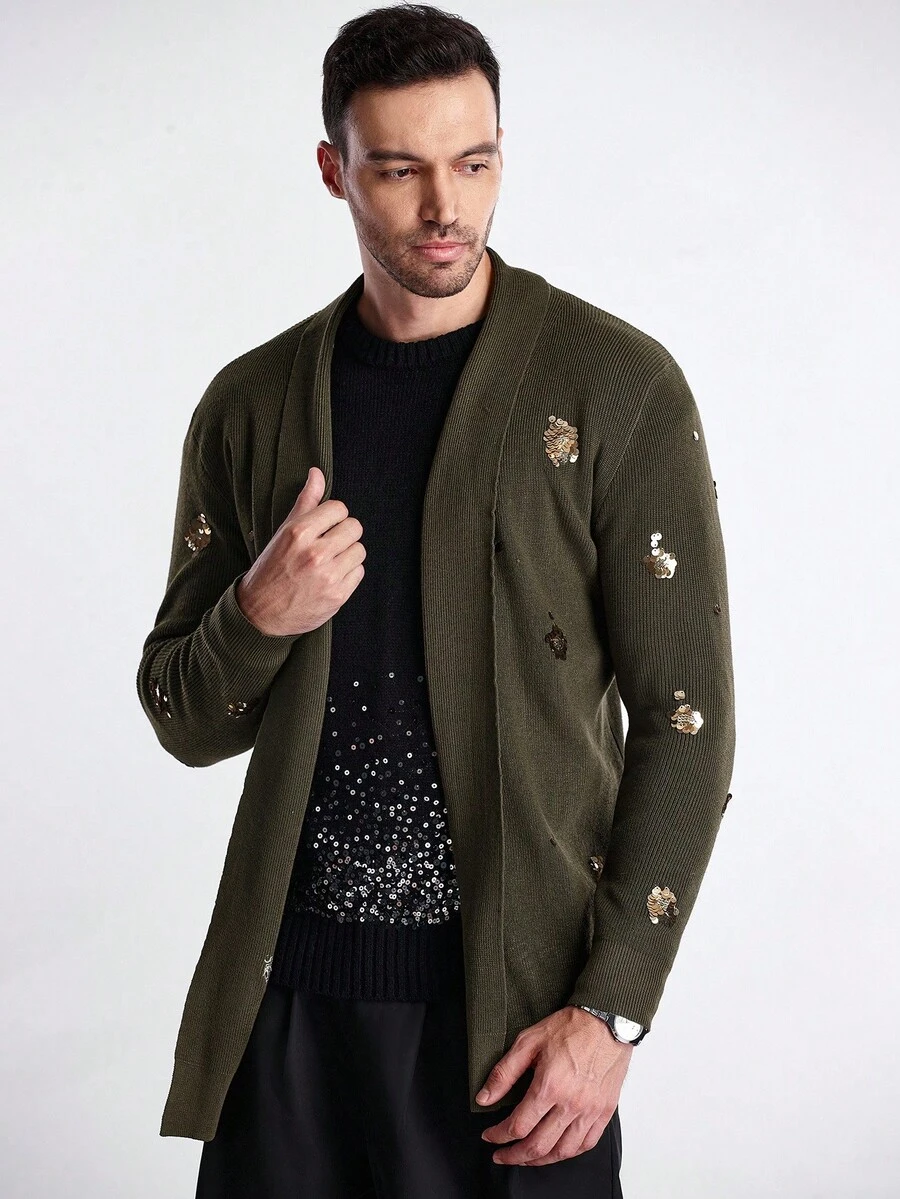 Manfinity CityGents 男士亮片装饰披肩领休闲开衫，秋冬 - 卡其色 - 查看 1