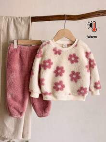 LMoss Kids LMoss 女婴两件套碎花针织圆领蓬松卫衣和打底裤套装，粉色，舒适秋冬款式，套头衫，温暖秋冬风格 - 彩色 - 查看 3