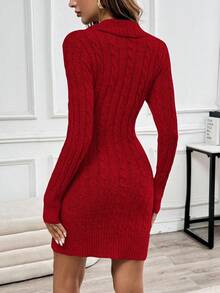Glyssa Collared Knit Long Sleeve Comfortable Sweater Dress - Red - View 2