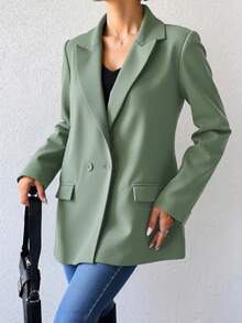 EURMUSE Áo khoác blazer giản dị tối giản có nút cài cổ tương phản phía trước cho nữ, tay dài, túi giả - Màu xanh Bạc hà - Xem 4