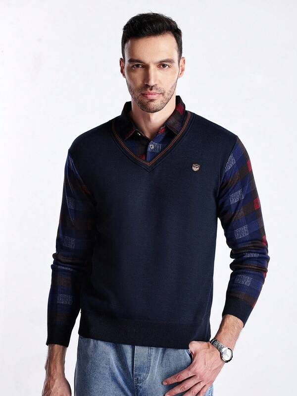 Manfinity CityGents Suéter de punto de manga larga con forro térmico y parche a cuadros 2 en 1 para hombre, otoño/invierno