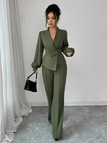 Elenzga 女士优雅休闲通勤度假下午茶会纯色不对称交叉领西装外套灯笼袖衬衫袖口衬衫松紧腰 A 字喇叭裤套装，适合春秋冬 - 軍綠色 - 查看 5