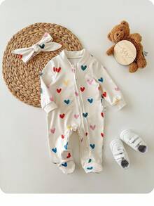 新生女婴可爱休闲针织心形图案长袖连体衣和头带套装 - 白色 - 查看 1