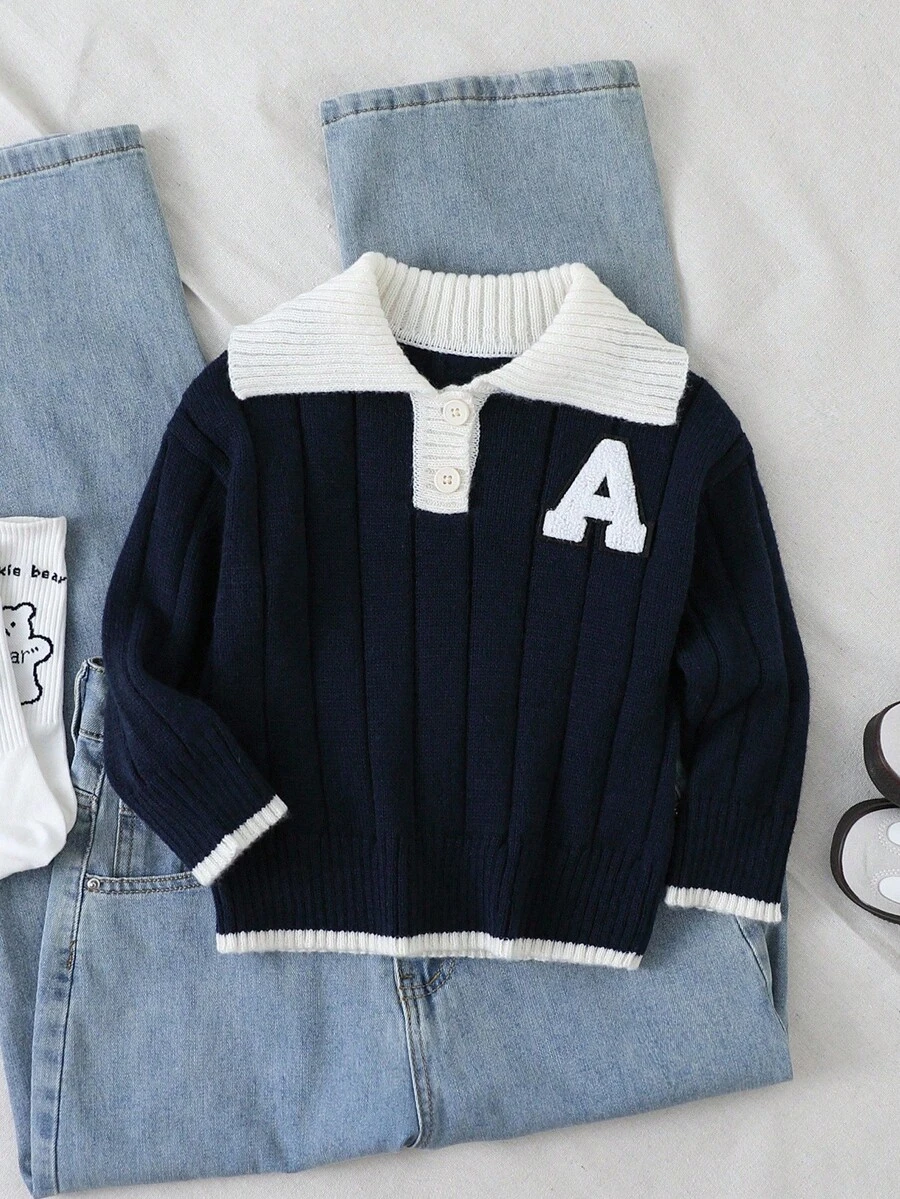 SHEIN Genkimix Kids 小男孩厚字母贴花半拉链针织毛衣，长袖，秋冬 - 藏蓝色 - 查看 1