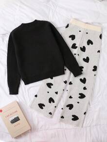Genkimix Kids 2pcs Tween GirlsCute & Sweet Sweater Set, Crew Neck Bowknot Chunky Knit Long Sleeve Top Paired With Loose Fit Wide Leg Heart Pattern Pants Fall Winter - Black and White - View 2