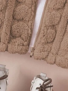SHEIN Elladie kids Áo khoác len lông mềm mại cho bé gái, màu hồng, khóa kéo phía trước, họa tiết trái tim, áo khoác cardigan trùm đầu dễ thương cho mùa thu/đông - Cà phê nâu - Xem 4