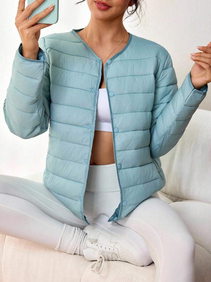 SHEIN Sovereign Charm Women's Casual Single-Breasted Light Blue Sports Jacket, Winter Light Blue Jacket Yoga Jacket Light Jacket - Baby Blue - View 1
